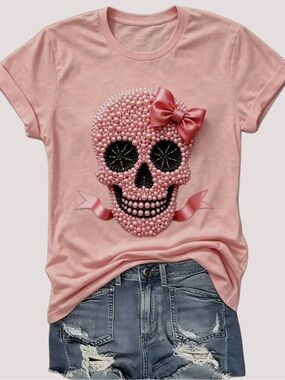 NWT Pink Pearl Beaded Skull Graphic Tee – Size L/XL – Cute Bow & Ribbon Detail